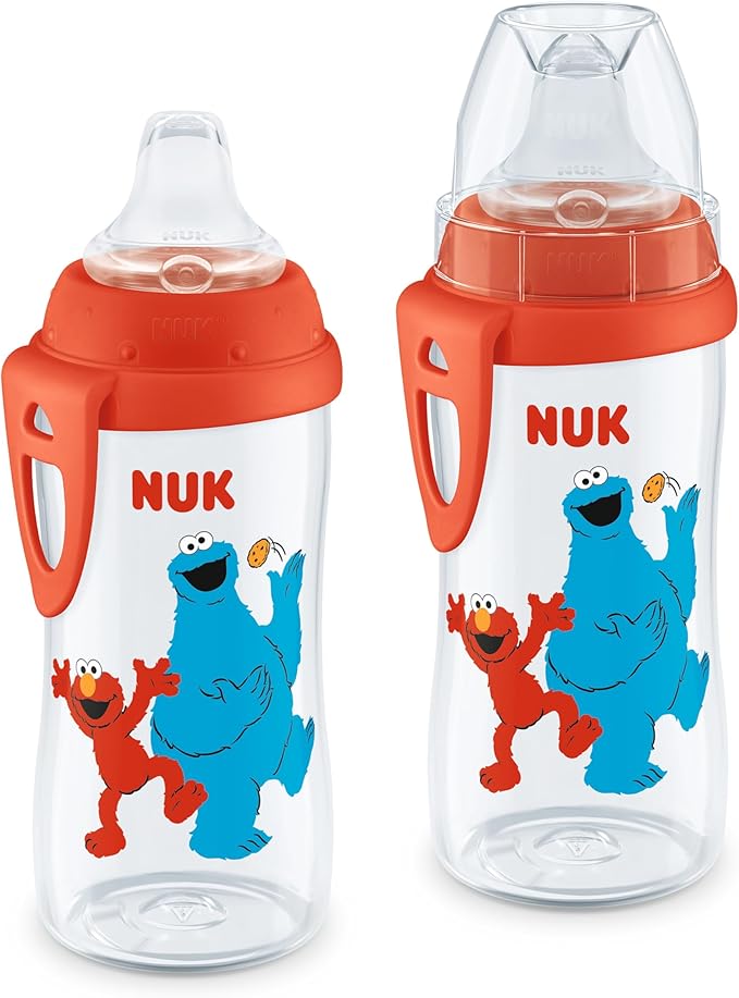 NUK First Choice Elmo Active Cup 2.0, 10 oz. Soft Spout Sippy Cup with On-The-Go Carry Clip, Lightweight, Leak Proof, Spill Proof Cup, 2-Pack