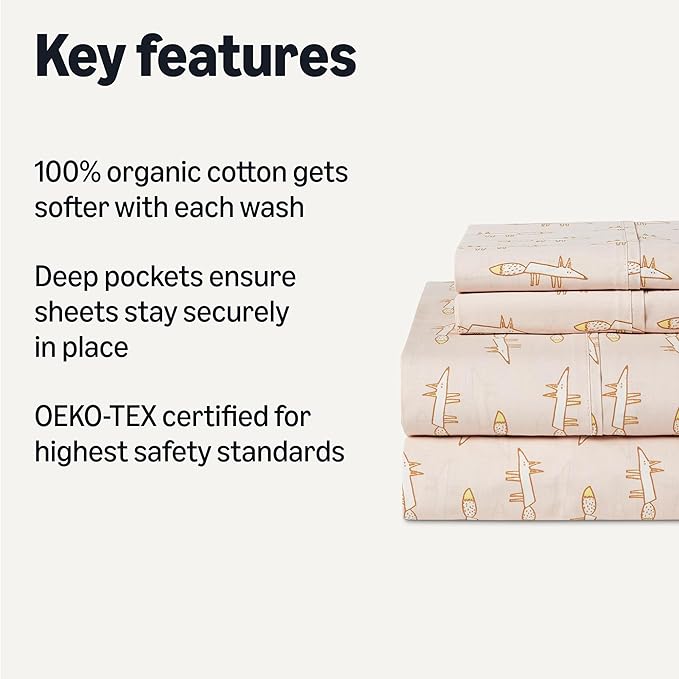 Amazon Basics 100% Organic Cotton Kids' Sheet Set with Pillowcase, Full Size, Pale Pink Fox