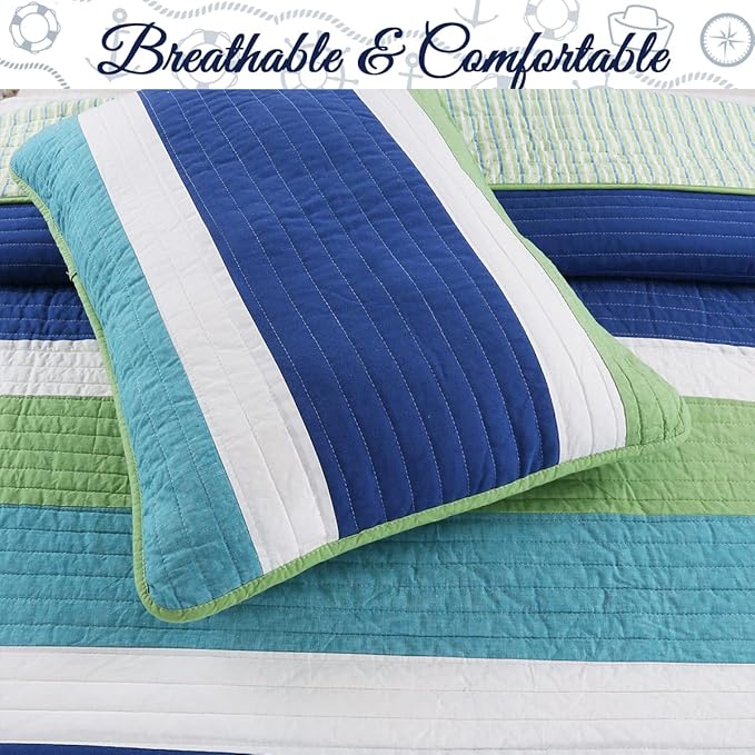 Cozy Line Home Fashions Waylon Navy Blue Green White Striped 100% Cotton Reversible Bedding Quilt Set, Coverlet Bedspread (Blue/Green, Queen - 3 Piece)