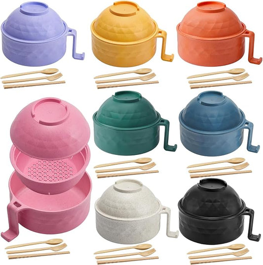 8 Sets Microwave Ramen Bowl Bulk 40 oz Wheat Straw Instant Ramen Cooker Set Portable Noodle Cooker with Handle Spoon Chopsticks Fork for College Dorm Room Gift (Multicolor)