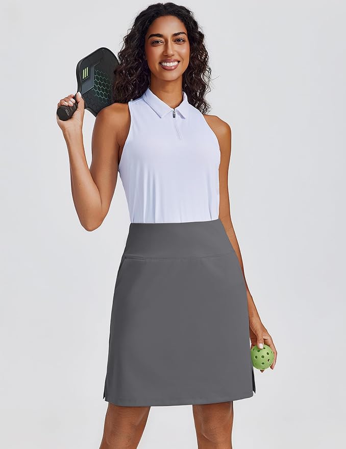 PINSPARK 20" Skorts for Woman Knee Length UPF 50+ Golf Skirts | 4 Pockets, Built-in Shorts, High Waisted, Split Hem, Silky-smooth, Moisture-wicking, for Golf Athletic Tennis Workout Casual