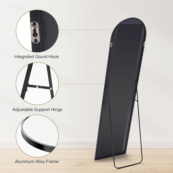 OLIXIS Arched Full Length Mirror with Stand, Full Body Mirror, 60"x16" | Aluminum Alloy Thin Frame, Floor Hanging or Leaning Wall, Bedroom Living Room, Black