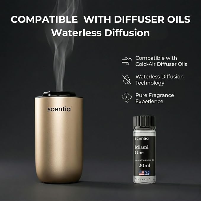 Scentia MiniPod Gold Waterless Diffuser for Essential Oil, Smart Car Air & Home Freshener with 3 Mist Levels & LED Light, Auto On/Off Rechargeable, Portable Scent Air Machine