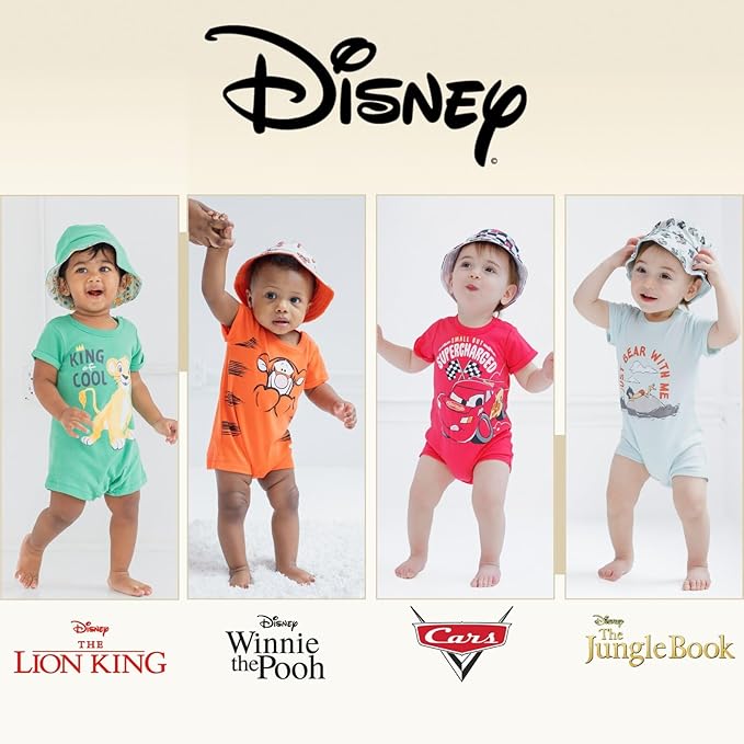 Disney Baby Romper and Reversible Bucket Sun Hat Outfit Set Newborn to Infant Sizes (Newborn - 24 Months)