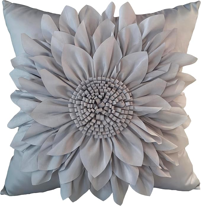 Grey Accent 3D Flower Decorative Throw Pillow Covers for Bed Sofa Couch | Bella's Giftshop Handmade Sunflower Taffeta Pillow Cases Living Room Bedroom Decor, 18x18 Inch