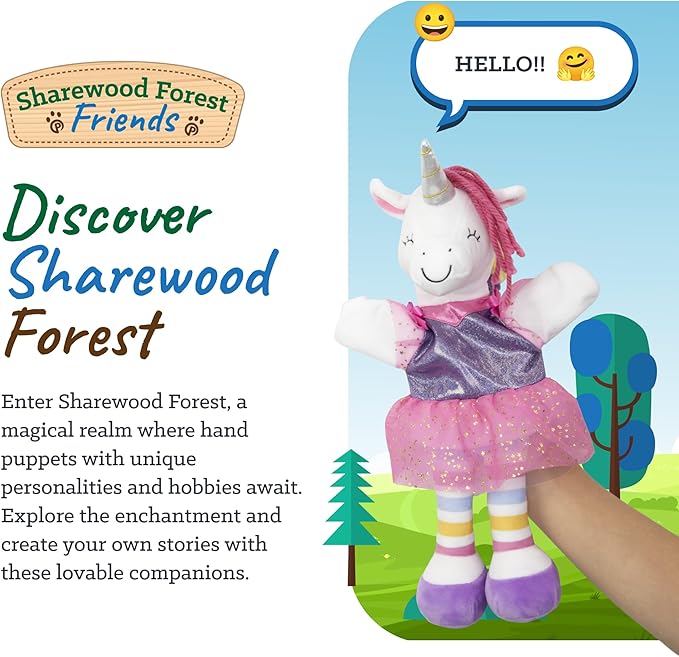 Sharewood Forest Friends Piper The Unicorn Hand Puppet - Stuffed Animal for Toddlers, Kids, Teachers, Daycare & School - Perfect for Puppet Theatre and Creative Play