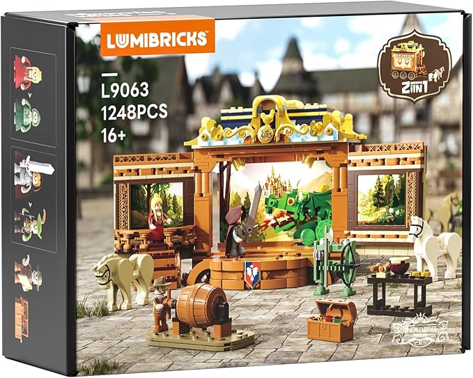 Medieval Troupe Carriage Lighting Building Bricks Set - Middle Ages City Town Playset Multi-Form Modular Collection Display Kit with Minifigures 1248 Pcs for Adults & Teens