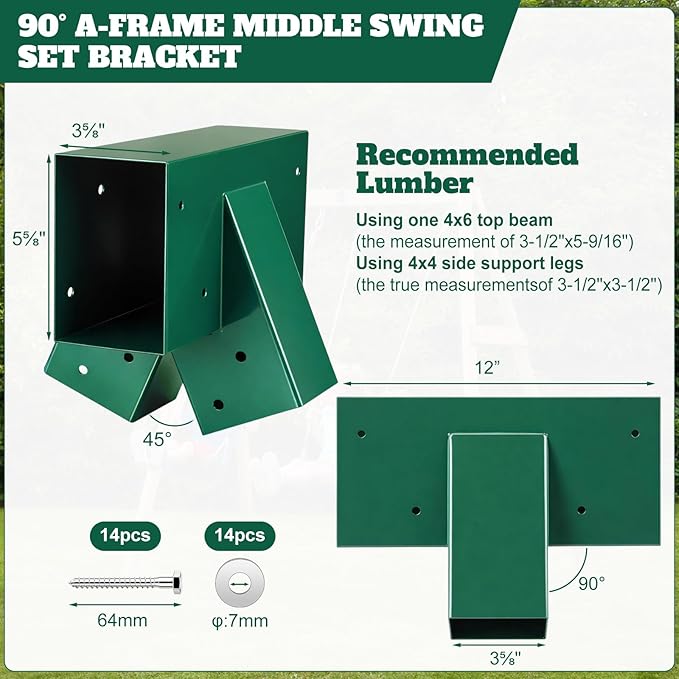 Duraaamo 3 Pcs Heavy Duty Swing Set Bracket Kit – 3 A-Frame Hardware for DIY Outdoor Playground, Includes 2 Main Brackets & 1 Middle Bracket(Green)