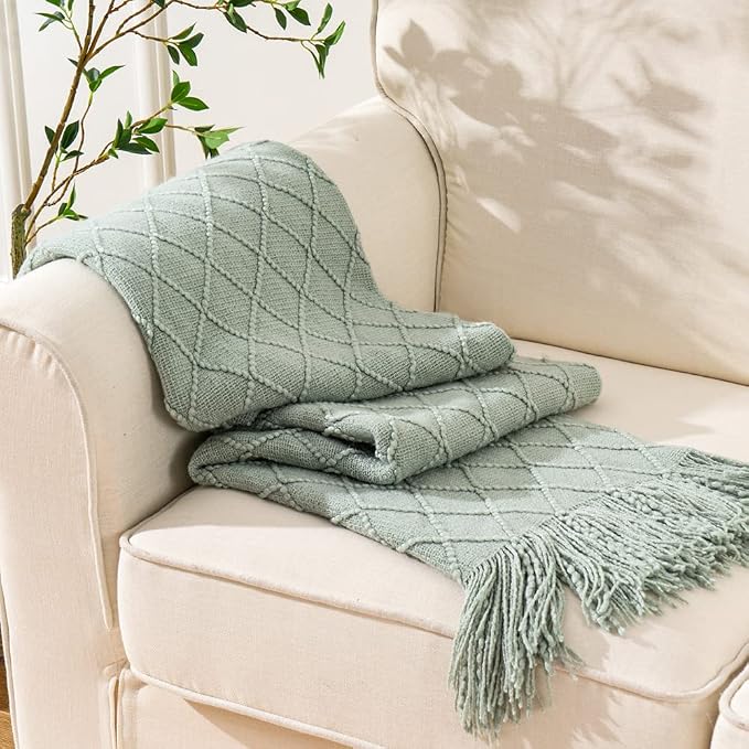 BATTILO HOME Sage Green Throw Blanket for Couch, Boho Bed Throws for Home Decor, Light Blue Throw Blanket for Sofa Living Room, 50"x60"