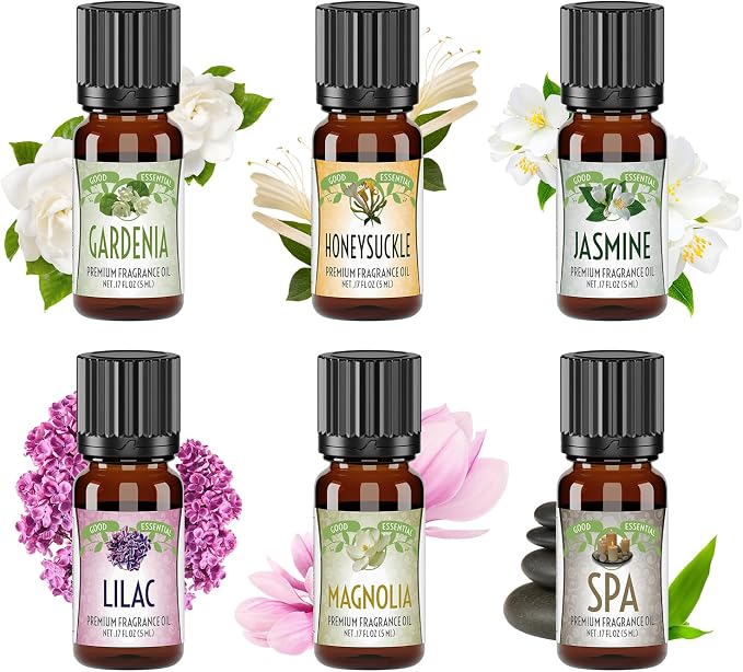Good Essential Oil Set – 6-Pack Floral Aromatherapy – Gardenia, Honeysuckle, Jasmine, Lilac, Magnolia, Spa – for Candles, Soaps, Perfume, Diffuser, Home Care