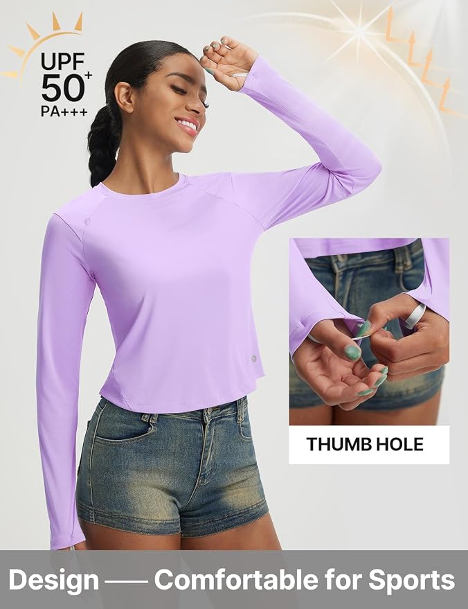 baleaf Women's UPF 50+ Long Sleeve Sun Shirts Crop Rash Guard UV Workout Tops SPF Slim Fit Lightweight Athletic Hiking