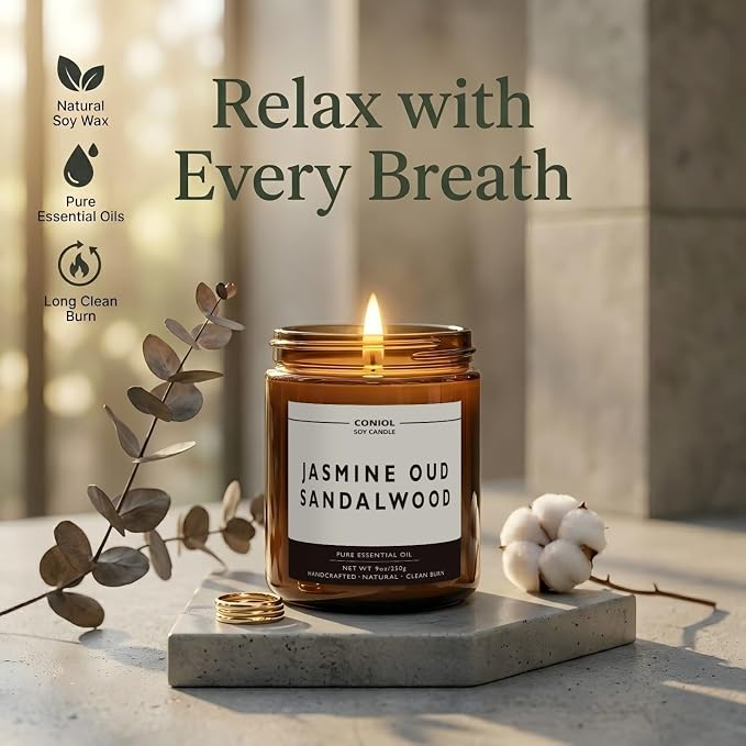 Jasmine Oud Sandalwood Scented Candles for Home, Natural Soy Wax Candle with Essential Oils, 9oz Amber Jar Aromatherapy Candel, 50H Long & Non-Toxic Burning, Hand Poured, Giftable, Relaxation