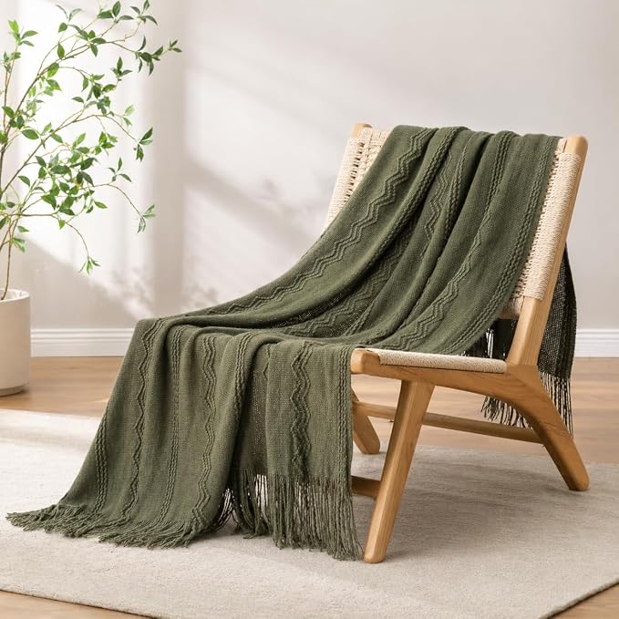 BATTILO HOME Olive Green Throw Blanket for Couch, 50"x60" | Dark Green Blanket with Tassels for Home Decor, Decorative Knitted Throw Blanket for Couch Cover