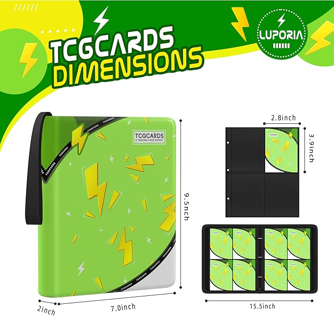 Trading Card Binder 4 Pocket,400 Pocket Card Collection Binder with 50 Removable Sleeves,PU Waterproof Top Card Book,3-Ring Zipper Collectible Trading Card Album for MTG/TCG/Card Holder Gift（Green）
