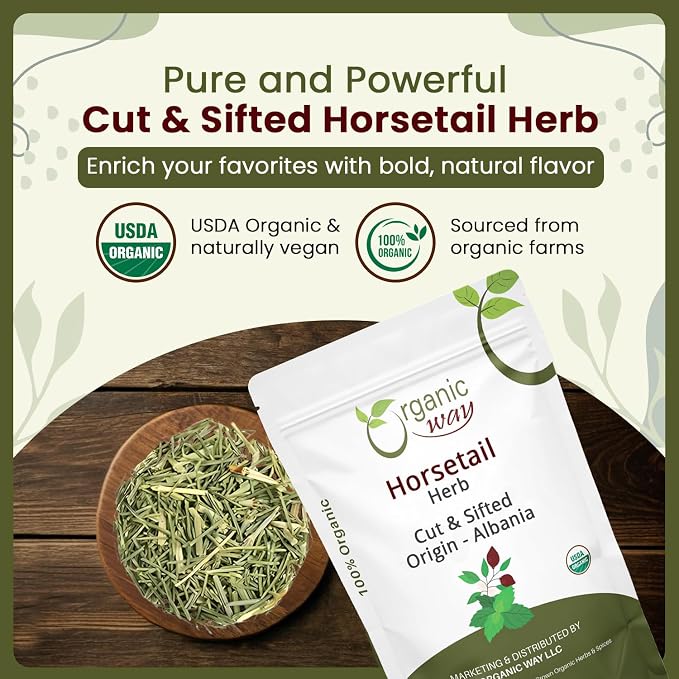 Organic Way Horsetail Herb Cut & Sifted (Equisetum arvense) - Herbal Tea | European Wild-Harvest | Kosher & USDA Certified | Vegan, Non-GMO & Gluten Free | 100% Raw from Albania (8 Ounce (Pack of 1))