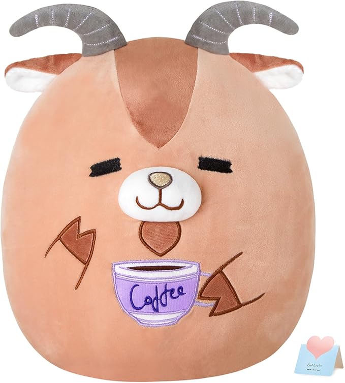 Glow Guards Original 12" Goat Plush Pillow Cute Goat Stuffed Animal with Coffee Soft Plush Toy Stuffed Animals Sheep Birthday Gift for Boys Girls Kids,Brown Barbary Sheep Holding Coffee