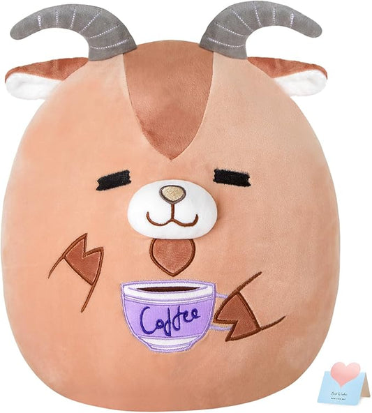 Glow Guards Original 12" Goat Plush Pillow Cute Goat Stuffed Animal with Coffee Soft Plush Toy Stuffed Animals Sheep Birthday Gift for Boys Girls Kids,Brown Barbary Sheep Holding Coffee