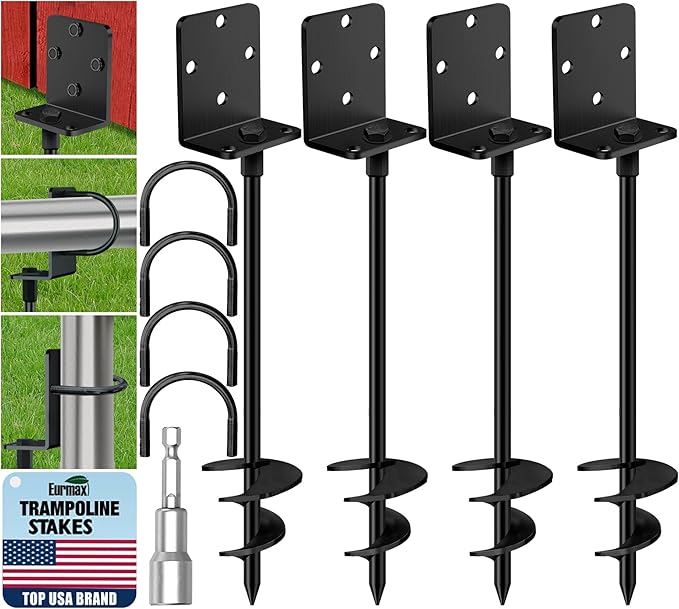 Eurmax USA 4 Pack Heavy Duty Ground Anchors, Rust-Proof L-Shaped Screw-in Spiral Ground Stakes for Trampoline, Shed, Swing Set & Carport,High Wind Resistant Metal Auger Anchors (Black)