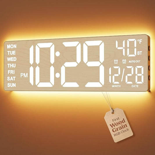 EASYERA 16.5" Large Digital Wall Clock BT Sync, 11 Scenes Mode Beige Clock | Remote Control, Big LED Clock with Dual Alarms, Auto DST, Temperature for Classroom Gaming