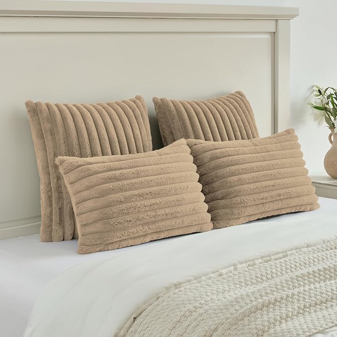 FUTEI Pack of 2 Faux Fur Throw Pillow Covers 20x20 Inch, Khaki | Fluffy Faux Rabbit Fur Front/Premium Velvet Back,Hidden Zipper,Machine Washable,Non-Shedding,Colorfast,Insert Not Included.