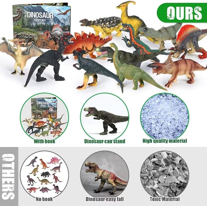FRUSE Jurassic Dinosaur Toys,12 PCS Realistic Dino Figurines,Educational Dino Figure Playset with Information Dino Book,Dinosaur Toys for Kids 3-5