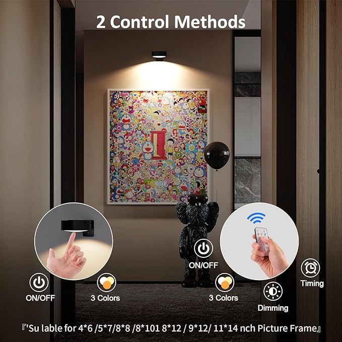 Tututry 3 Pack Wireless Picture Light, Rechargeable 2000mAh Battery Operated with Remote & Timer, Dimmable 3 Color Temps Magnetic Frame Light for Painting, Poster, Gallery Wall Decor