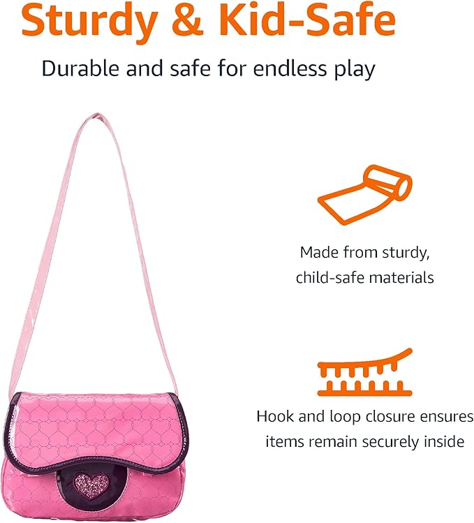 Amazon Basics 8-Piece Pretend Play Purse Toy with Accessories for Girls Ages 3 and Up, Handbag Gift Set Including Smartphone, Sunglasses, Makeup Compact, Keys and Credit Card, Pink