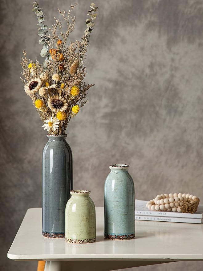 Ceramic Vase Set of 3, Modern Flower vase for Home Decor | Small Round Decorative Vase for Living Room, Kitchen Table Centerpieces Shelf, Coffee Table Decor