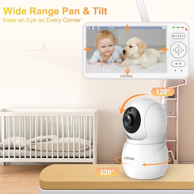 VTimes Baby Monitor with Camera and Audio, 6'' IPS Screen with 30-Hour Battery, Baby Monitor No WiFi Night Vision, ECO, 2-Way Audio, Pan-Tilt-Zoom, Baby Camera Monitor with 1000ft Range, Ideal Gift