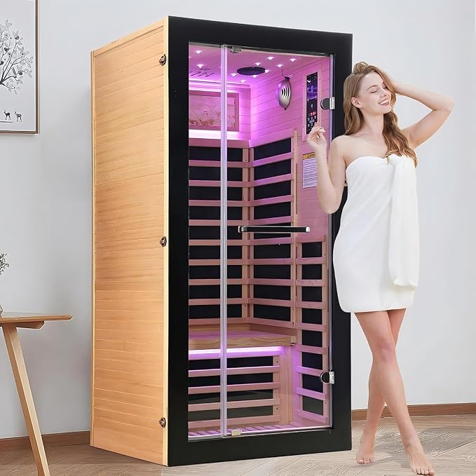Infrared Sauna 1 Person Far Infrared Sauna Home Indoor Dry Sauna Low EMF Hemlock Wood Sauna Room with 7 Color Starry Sky Light Ceiling Speaker Fast Heating Easy Assembly 35.4x35.4x70.8