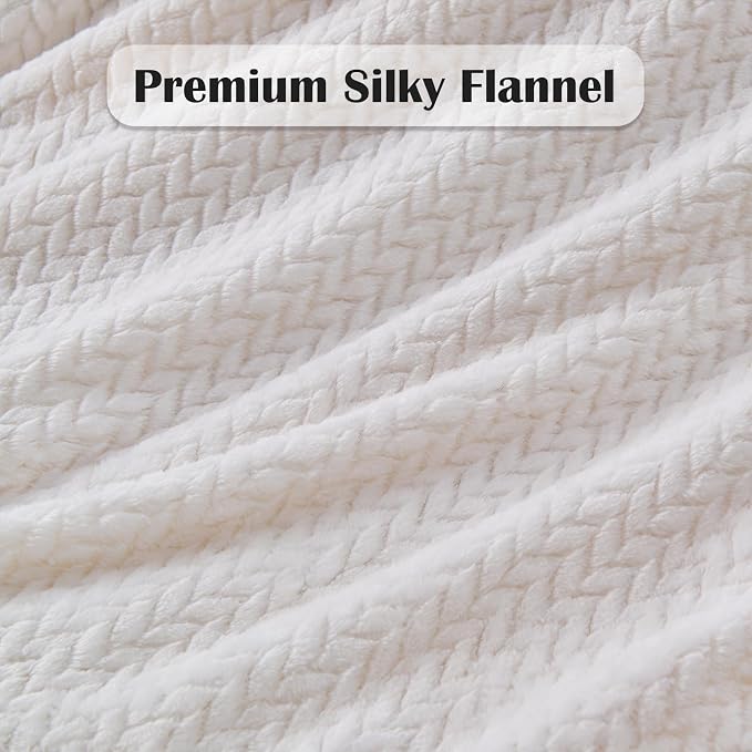 NEWCOSPLAY Fleece Leaves Pattern King Blanket, Ivory, 90"x110" | Super Soft Throw Blanket, Lightweight Cozy Bed Sofa Blanket, Premium Silky Flannel Fleece, Travel Blanket for All Season Use