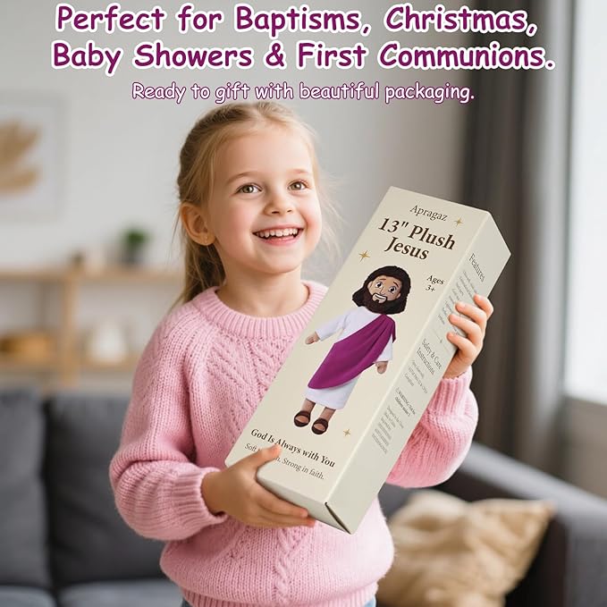 Apragaz 13" Jesus Plush Doll, Jesus Plushies for Kids, Soft & Comfort Christian Toy, Christian Faith Plushie Faith-Based Gift for Boys Girls, Sunday School, Bible Learning, Easter & Christmas(Purple)