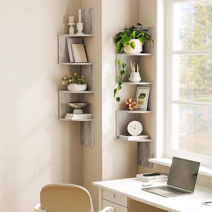 HOOBRO Corner Shelf Wall-Mounted, Set of 2 Floating Corner Shelves for Wall, 4-Tier Corner Bookshelves for Wall Decor in Living Room, Bedroom, Bathroom, Home Office, Greige BG25BJP201