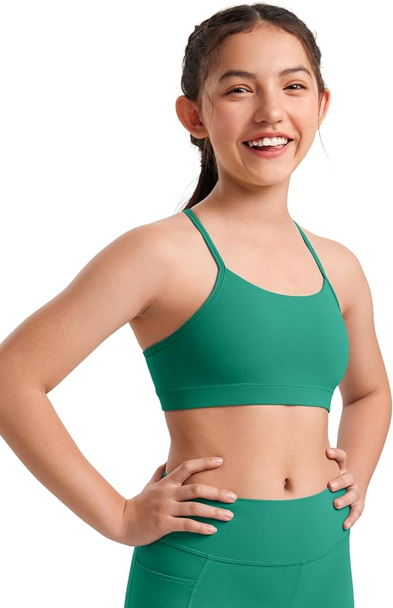 CRZ YOGA Girls Butterluxe Y Back Sports Bra - Yoga Athletic Casual Tops Scoop Neck Spaghetti Strap Padded Crop Kids Teen