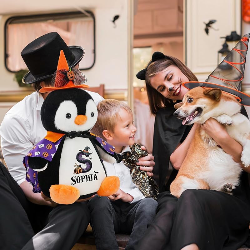 Custom Halloween Plushies Penguin Stuffed Animal, 13.8" Personalized Penguin Toy with Name Date Message, Baby's First Halloween Plush Gift for Kids Boys Girls