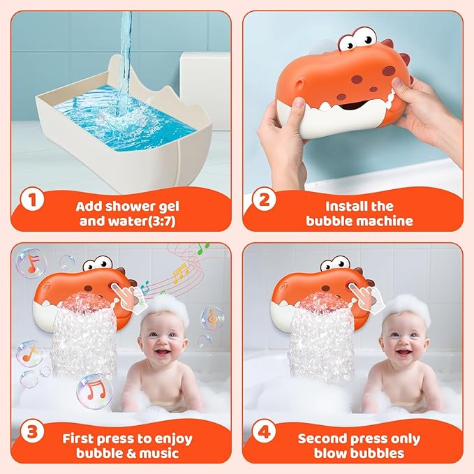 Baby Bath Toys, Rechargeable Dinosaur Bath Bubble Machine with Music, Bathtime Bathtub Toys for Toddlers Birthday Valentines Gifts, Bubble Maker Toys for Kids Ages 1-3 4-8 Baby Gifts (Red)