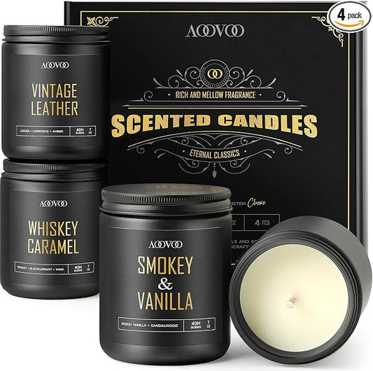 AOOVOO Scented Candles for Men - 4 Pack Candles for Home Scented, 28oz Soy Wax, 200 Hour Burn Time, Men Candle Set, Leather/Smoke & Vanilla/Whiskey Caramel/Lavender Candle Set