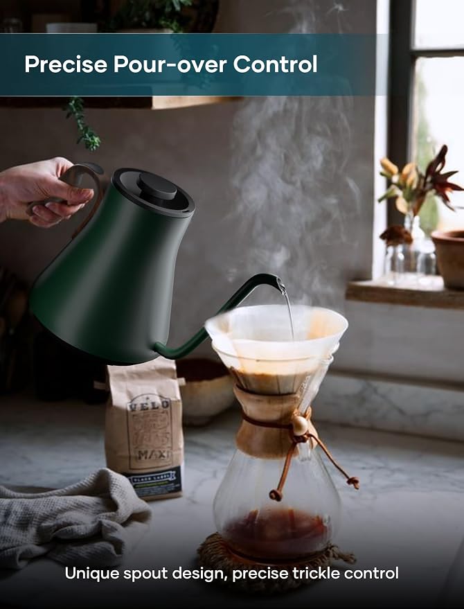 INTASTING Electric Kettle, Gooseneck Electric Kettle, ±1℉ Precise Temperature Control, Stainless Steel Interior, Quick Heating for Pour Over Coffee, Tea & Boiling Water, 0.9L (Forest Green)
