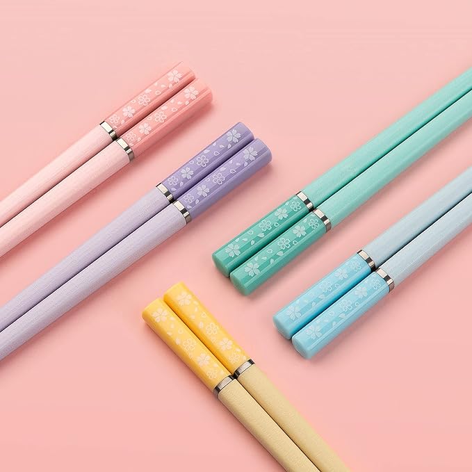 5 Pairs Cherry Blossom Pattern Decoration Fiberglass Chopsticks Multicolor Chopsticks Japanese Korean Chopsticks Reusable Dishwasher Safe Yellow Pink Blue Green Purple Chopsticks