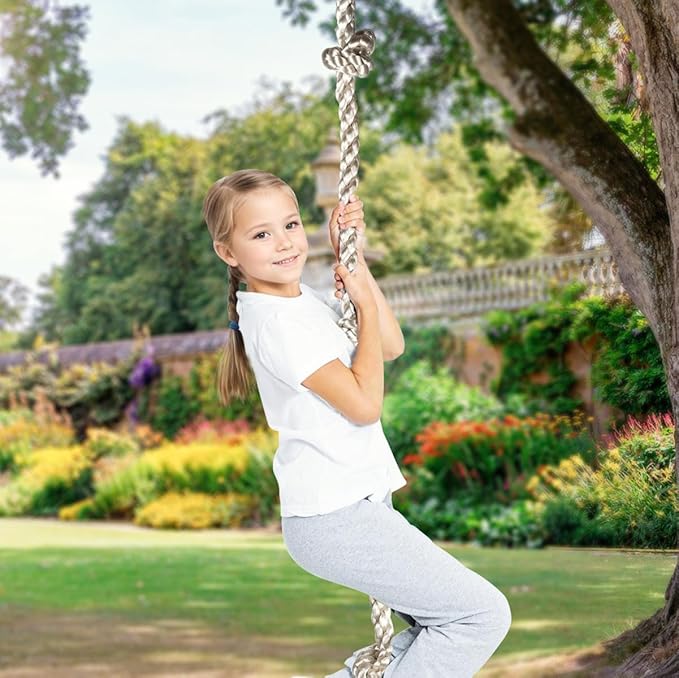Climbing Rope for Kids, 8.2 FT Long with 4 Knotted Steps, Playground Accessories, Rope Swing for Obstacle Course, Treehouse Swingset Accessories Training for Kids Outdoor（Grey）