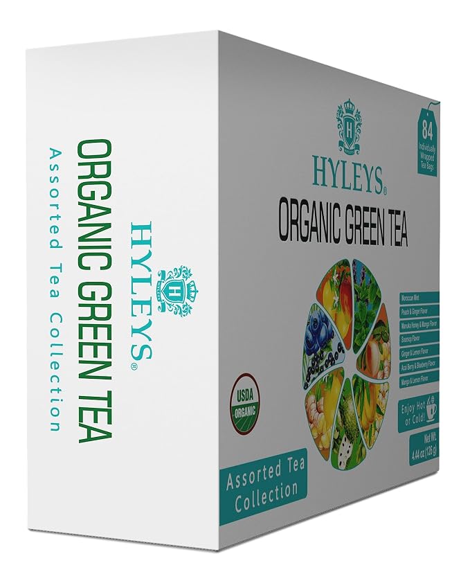 HYLEYS Organic Green Tea, With 7 Assorted Flavors 84 Individually Wrapped Tea Bags - Includes Soursop, Blueberry, Moroccan Mint and More - USDA Organic - Kosher & Vegan