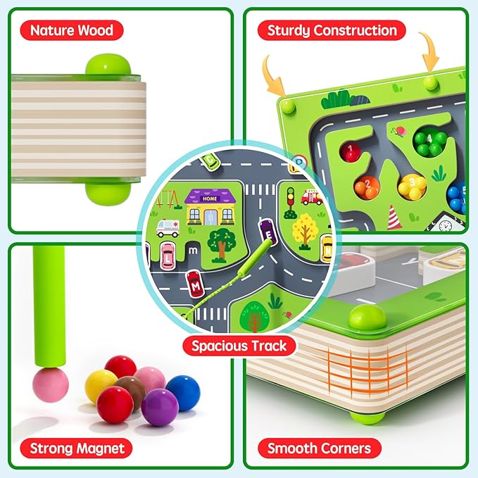 2 in 1 Magnetic Color and Number Maze Magnet Alphabet Counting Double Sided Board Wood Puzzle Fine Motor Skills Montessori Preschool Toys Gifts for Boys and Girls 3-5 Age (Big Car, One Size)