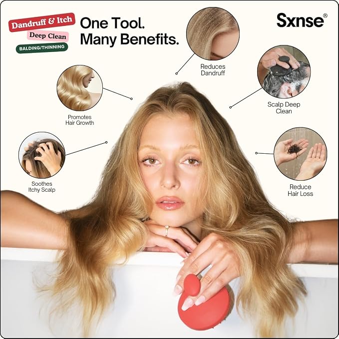 SXNSE - Revive Silicone Scalp Massager, Cherry - Manual Hair & Scalp Scrubber for Dandruff, Buildup, Itch, & Hair Growth - Soft Exfoliating Silicone Bristles for Wet & Dry Hair, Flake-Free Finish
