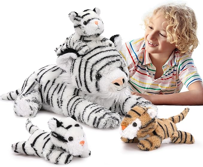 MaoGoLan 4Pcs White Tiger Stuffed Animals, 17.7 inches Large Tiger Plush Toy Set, Stuffed Mommy Tiger with 3 Cubs, Gifts for Boys Girls, Birthday Christmas Festive Decor