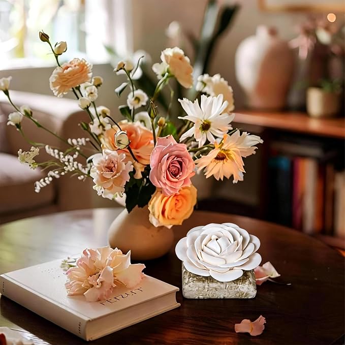 Ceramic Passive Essential Oil Diffuser, Aesthetic Desktop Handmade Flower & Concrete Base, Porcelain Aromatherapy Oils Diffuser for Home, Office, Yoga, Spa Room (White Camellia)