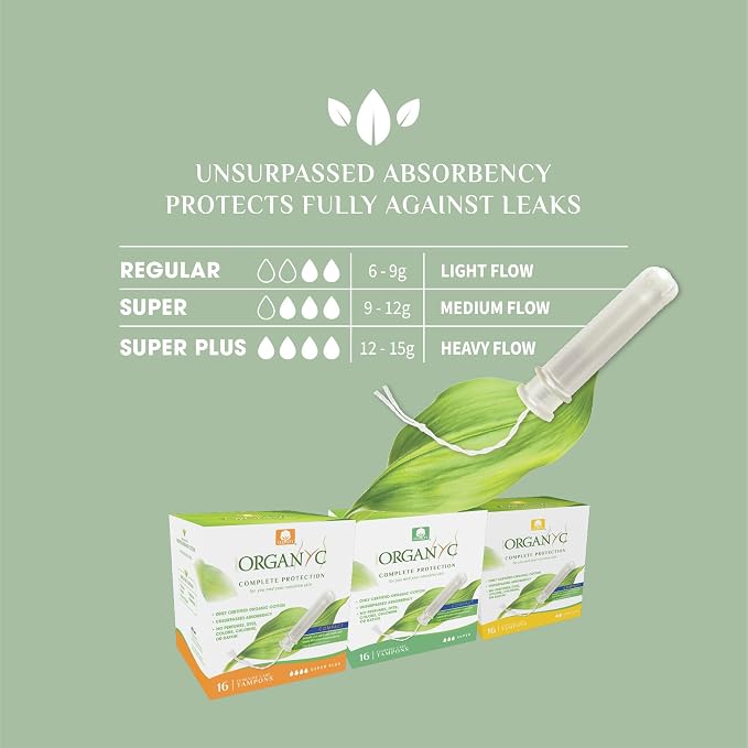 Organyc - 100% Certified Organic Cotton Tampons - Plant-Based Eco-Applicator (Super Flow, 96 Count (Pack of 6))