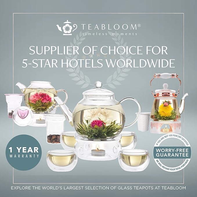 Teabloom Heatproof Glass Teapot Set with Removable Loose Tea Infuser (Standard Size: 32oz/946ml) and Four Borosilicate Glass Teacups (7oz/207ml) - Lead-free Complete Tea Set