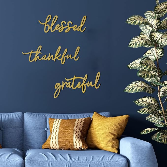 Thankful Grateful Blessed Letter Sign Metal Wall Decor, 3 Piece Gold Letters Wall Art for Bathroom Bedroom Metal Words Wall Decor for Home Decor (Gold)