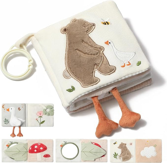 let's make Soft Baby Book, Sensory Crinkle Cloth Books for Babies 0-12 Months, Bear Goose Tummy Time Toy with Shatterproof Mirror, Squeaker, Food Grade Silicone Teether, Washable Stroller Newborn Gift