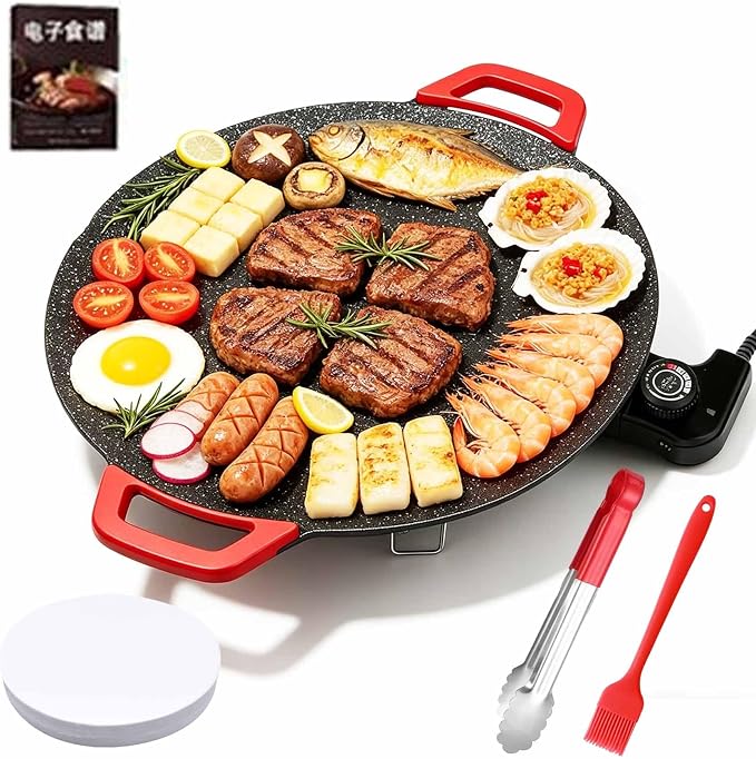 Electric Indoor Grill Nonstick Smokeless, Round Electric Griddle Nonstick for Indoor Use, Portable Korean BBQ Grill with Temperature Control for Kitchen, BBQ, Pan Searing Steak, Pancakes (14in)